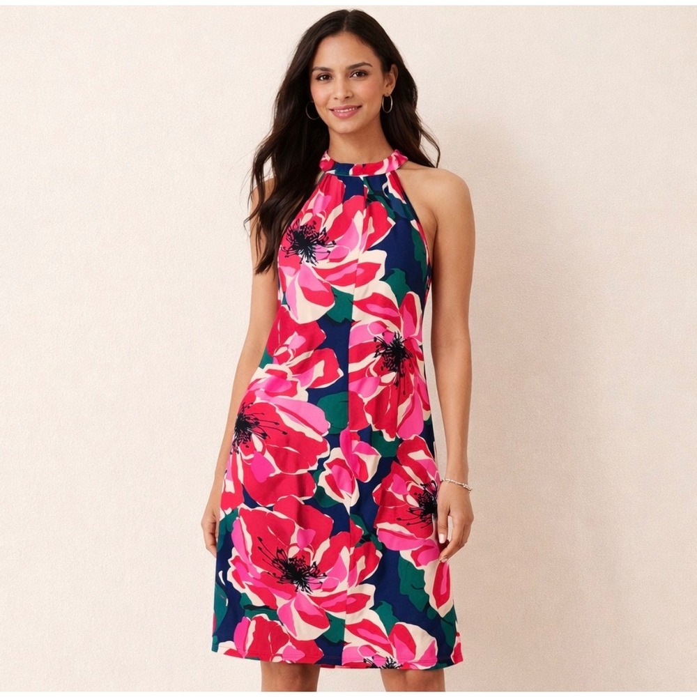 Trina Turk Floral Halter Neck Sheath Dress Pink Size 6 Spring Resort Vacation - Picture 1 of 6